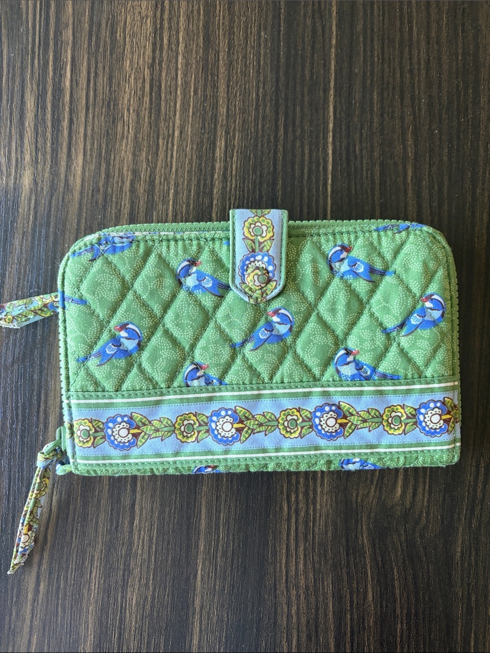 Vera Bradley Green Quilted Wallet with Blue Bird Print